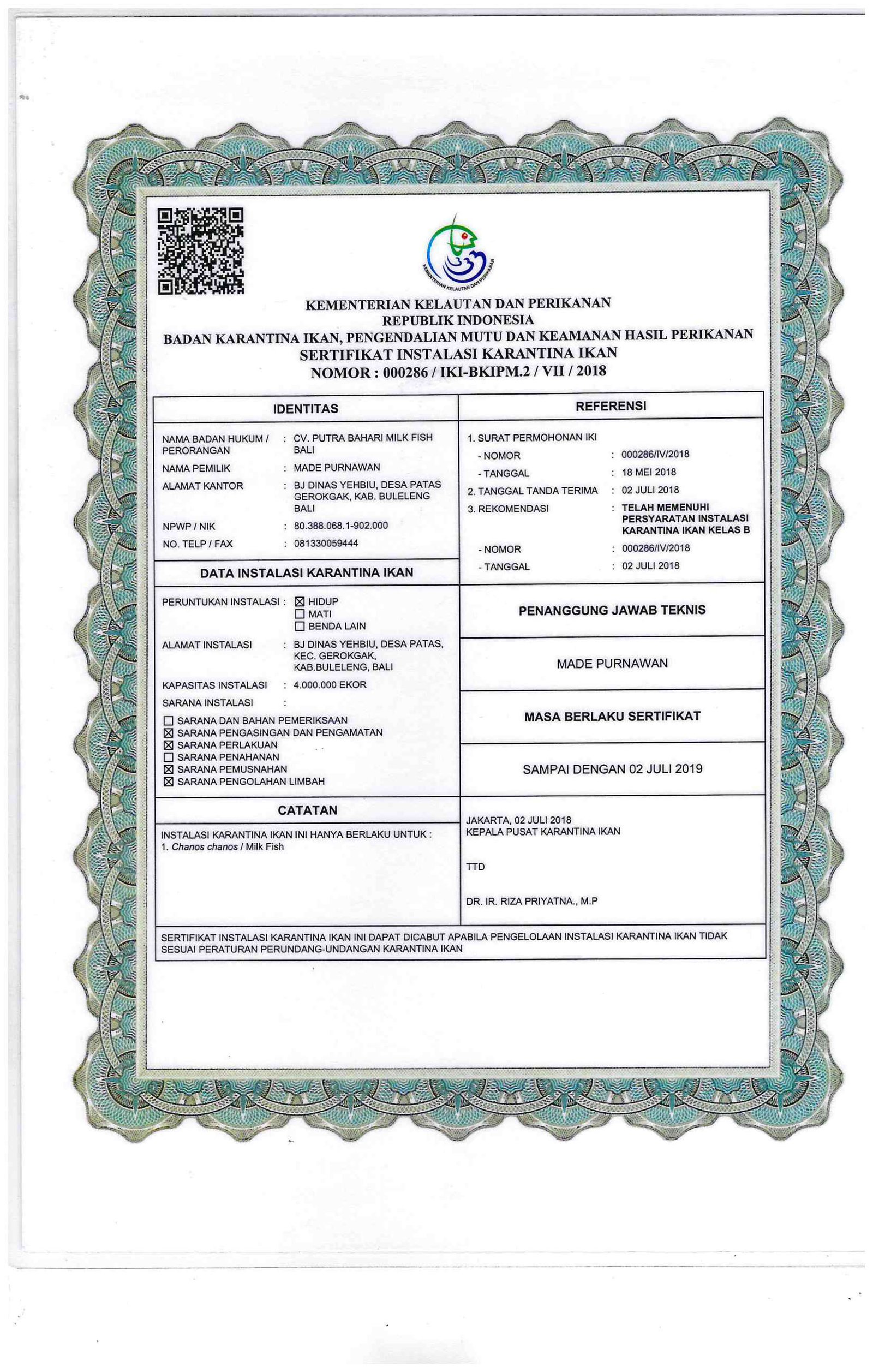 Sertifikat Instalasi Karantina Ikan